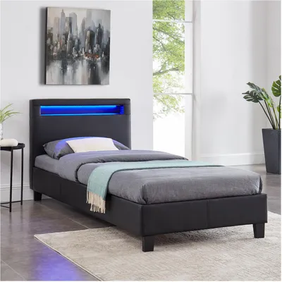 Produktbild von Polsterbett MANDALAY mit LED Beleuchtung Einzelbett Lederbett 90 x 200 cm mit Lattenrahmen, Kunstleder in schwarz