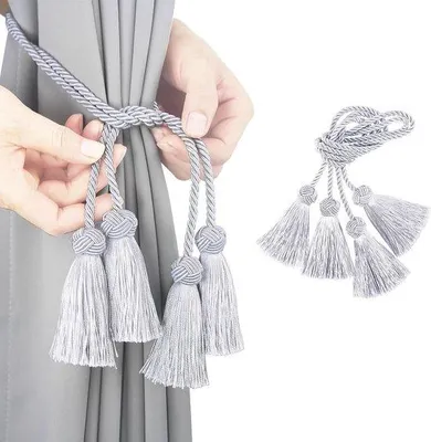 Immagine prodotto di Uniqoos® Cordoncini per tende con frange – Set da 2. Nastrini in poliestere da utilizzare come fermatende, con sfera intrecciata a mano, colore grigio