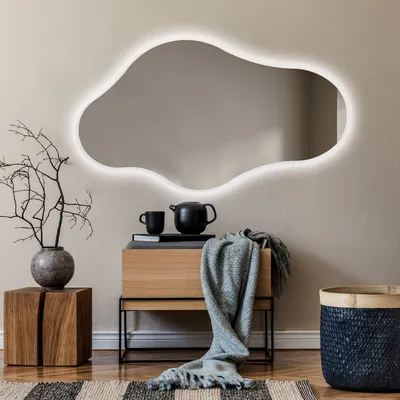 Produktbild von Unregelmäßiger asymmetrischer Spiegel mit LED Beleuchtung 94x54 cm - mit LED Beleuchtung - LED Farbe Kaltweiß 7000K - Individuell Nach Maß - Beleuchtet Wandspiegel Lichtspiegel Badezimmerspiegel CHM221