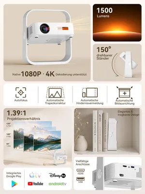 Obrázok produktu pre Prenosný mini projektor Beamer – 1500 lúmenov svetelnosti – rozlíšenie 1080p – ideálny pre domáce kino a prezentácie