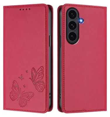 Obrázek produktu pro Kožené pouzdro pro Samsung Galaxy S25 FE, motýlí ražbou, peněženkové flip pouzdro se stojánkem Červená