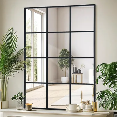 Zdjęcie produktu dla Lustro ścienne, prostokątne, 75 x 120 cm, czarna aluminiowa rama, idealne do salonu, przedpokoju, wejścia lub przestrzeni zewnętrznej