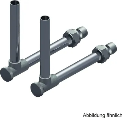 Two plumbing fittings with vertical pipes and horizontal connections, presented on a white background.