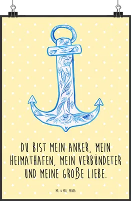 Produktbild von Mr. & Mrs. Panda Bild Anker Blau DIN A0 - Gelb Pastell - Geschenk, Kunstdruck, Wandbild, Lustige Sprüche, Plakat, wanddeko, drucke
