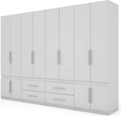 Zdjęcie produktu dla Meblast | 4-częściowa szafa modułowa 320x230x57 cm - szafa bez lustra z drążkami na ubrania, szufladami i krawędzią PVC | biały/biały, szafa