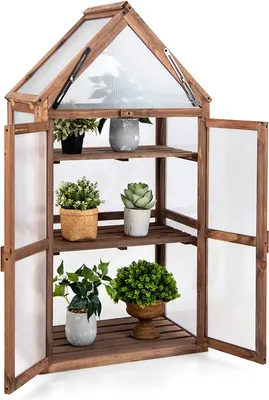 Produktbild von GOPLUS Mini-Gew?chshaus aus Holz, erh?htes Blumen-Pflanzregal mit transparentem, zu ?ffnendem Dach, Doppeltüren und 3-st?ckigen Regalen, tragbares Hochbeet für Garten, Hof, Balkon, braun