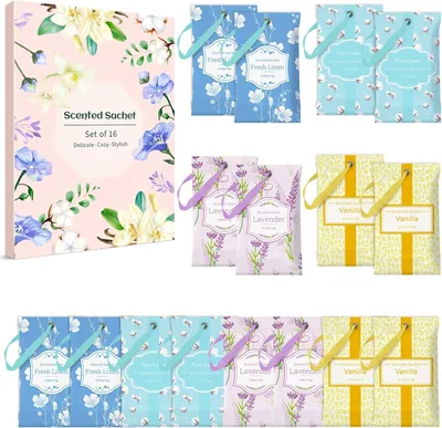 Image de Sachets parfumés en coton et lin, aux senteurs de lavande et de vanille, lot de 16, pour armoires