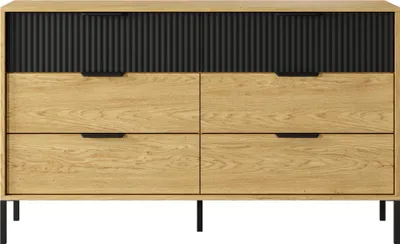 Produktbild von Skandinavische Kommode – Sideboard 137x81x40 cm – Eiche Baltic & Schwarz – 6 Schubladen mit Soft-Close – Gefräste Front, Metallfüße – Viel Stauraum – OAKLYN