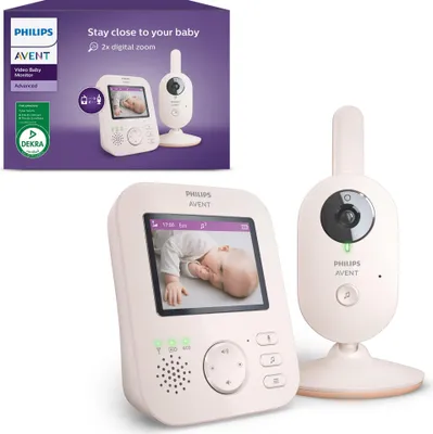 A Philips Avent baby monitor set, including the parent unit and the camera unit, displayed next to its packaging.