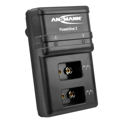 A black ANSMANN Powerline 2 battery charger with two slots for 9V batteries.