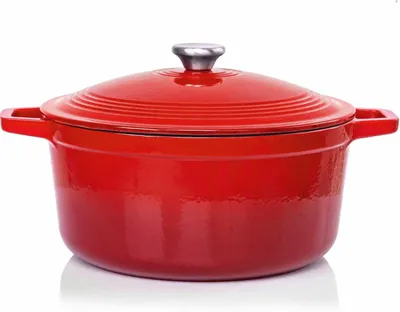 Image de Casserole en fonte - Cocotte de cuisson - Cuisson lente - Chaleur uniforme - 6 litres - Rouge