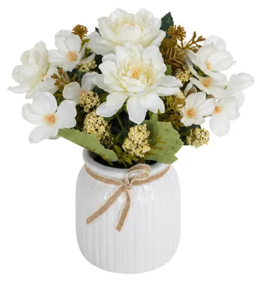 Produktbild von Künstliche Pfingstrosen im Keramiktopf, Kunstblumen Arrangement wie echt, dekorative Seidenblumen Trockenblumen Tischdeko Weiß