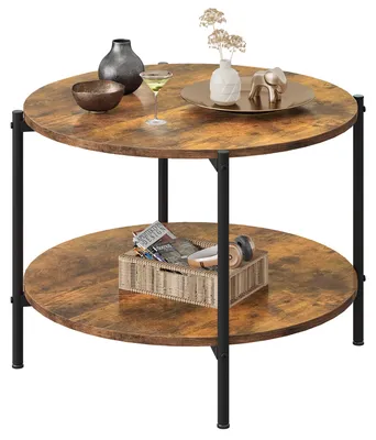 Image de Table ronde en bois à deux niveaux, avec un espace de rangement spacieux, design moderne pour salon et chambre, couleur marron