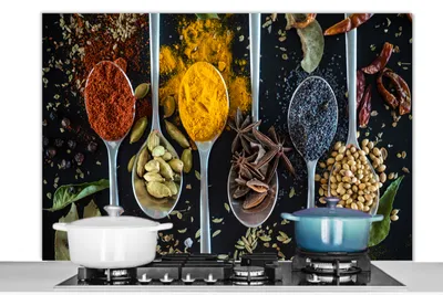 Produktbild von KitchenYeah®  Spritzschutz Küche - Küchenrückwand - Wandschutz für Herd und Spüle - Gewürze - Löffel - Schwarz - Küche 120x80 - Alu-Dibond (Alternative zum Spritzschutz aus Glas) - Hitzebeständig - He