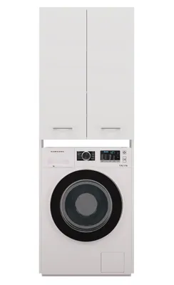 A white washing machine with a white cabinet mounted above it, set against a white background.