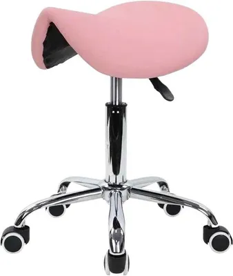 Image de Chaise de travail pivotante réglable en hauteur - tabouret à roulettes - chaise de bureau avec siège selle rose
