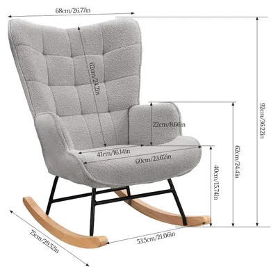 Zdjęcie produktu dla Krzesło bujane - fotel do salonu - obicie z materiału przypominającego plusz - tapicerowane - 53,5 × 75 × 92 cm - minimalistyczny, nowoczesny design - jasnoszary