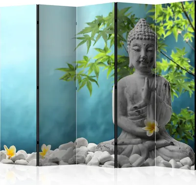 Produktbild von Neuheit! Dekorativer Paravent Raumteiler Trennwand Foto-Paravent Spanische Wand XXL Buddha Zen Orchidee Grau Blau Grün 225x172 cm b-B-0185-z-c
