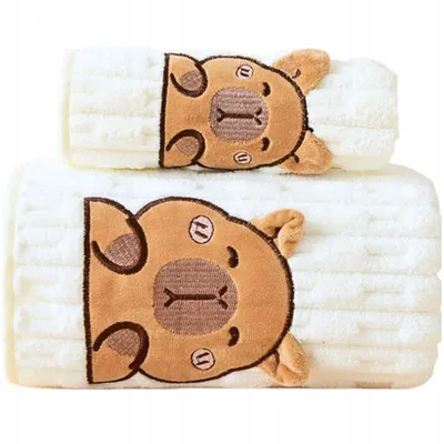 Produktbild von 2er Set Kinderhandtücher „Capybara“ – 70x140 cm & 35x75 cm – Badetuch & Gästehandtuch aus Mikrofaser – für Hände, Gesicht & Bad