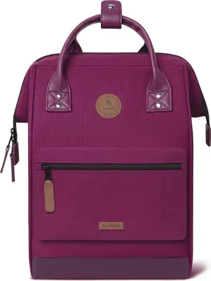 A purple backpack is shown against a white background.