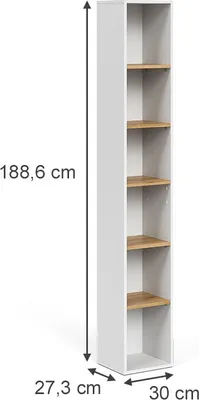 A tall, narrow white shelving unit with wooden shelves, shown with dimensions indicated by measurement lines and text.