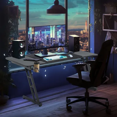 Produktbild von YZNAHRE Schreibtisch Gaming Tisch 140x60cm Höhenverstellbar Gamingtisch mit Kabelloch & Kopfhörerständer & Tassenhalter, Kohlefaserplatte Ergonomischer PC Computertisch