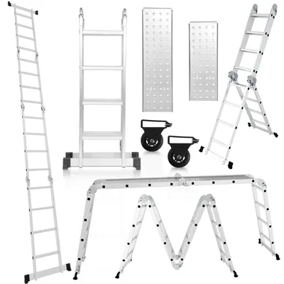 Image de ISOISL Échelle multifonctionnelle en aluminium 7 en 4, avec 4 marches, environ 470 cm / 4,7 m, échelle pliante et articulée avec 2 plateformes et des roulettes de transport, capacité de charge maximale de 150 kg