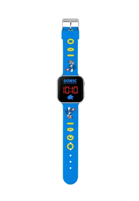 A digital watch with a blue strap featuring Sonic the Hedgehog characters and graphics.