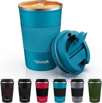 Immagine prodotto di Tazza termica isolante da 380 ml - Doppia parete sottovuoto - Blu - Tazza da viaggio - Coperchio a tenuta stagna - Acciaio inossidabile
