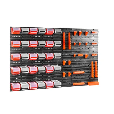 Image de Étagère murale d'atelier Support d'outils Boîtes empilables panneaux muraux avec boîtes Étagère de tri 30 pcs. Box avec couvercle Étagère murale 120 x 80 cm Porte-outils Étagère à bacs Bacs à bec Système de stockage en plastique