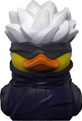 A rubber duck toy designed to resemble Satoru Gojo from Jujutsu Kaisen.