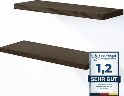 Produktbild von LAMO Manufaktur 2 Stück Wandregal aus Holz mit unsichtbarer Befestigung 2x 42cm | Wandregal aus 100 % echtem Holz | Hängeregal für Wohnzimmer, Schlafzimmer | Wandregale SET 4 Gerade Farbe: Schwarz