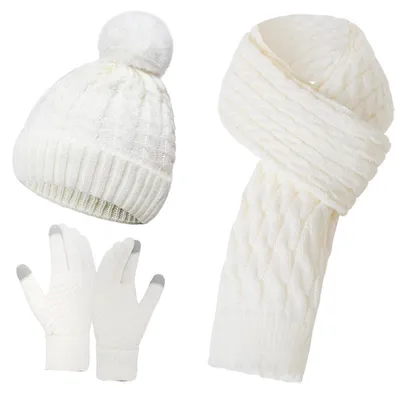 Produktbild von Mütze Schal Handschuhe Set Damen Bommelmütze Gefüttert Winterschal Wärmer Mütze 3 in 1 Set