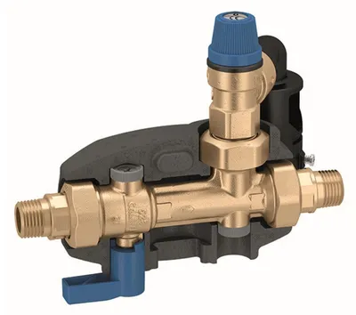 A cutaway view of a safety group for a hot water storage tank.
