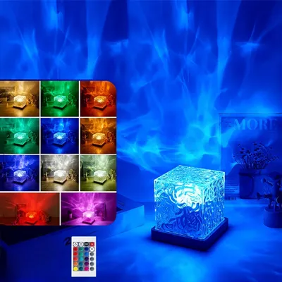A collage of product images showing different color options and a main image of the product in a room with projected light.