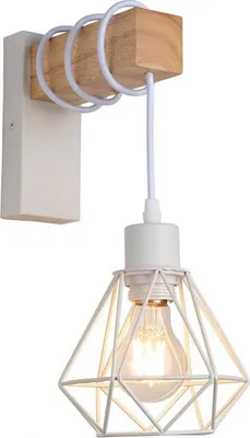 Image de Applique murale vintage en bois naturel avec abat-jour en forme de cage blanche et douille E27 pour le salon ou le couloir