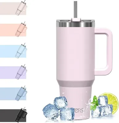 Produktbild von 1200 ml Kaffeebecher zum Mitnehmen, Thermoskanne, doppelschichtiger Edelstahl-Vakuum-Trinkbecher, auslaufsicher, mit Griff und Strohhalm, Thermoskanne, Rosa