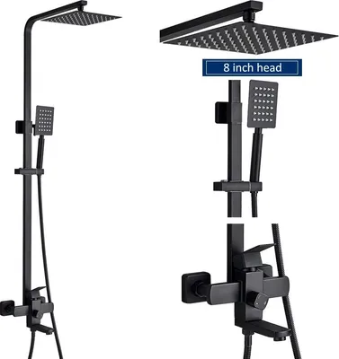 A black shower fixture set is displayed against a white background, with a close-up view of the faucet and showerhead.