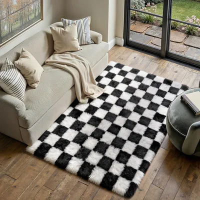 Teppich 120x180 cm, Schwarz-Weiß, Anti-Rutsch, Hochflor