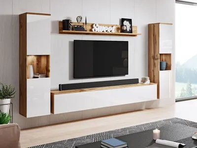 Obrázok produktu pre Moderná obývacia stena s LED osvetlením ROSALIO XL - dub wotan / lesklá biela