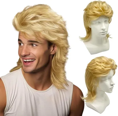 Produktbild von Blond Mullet Perücke für Männer, 80er Rocker Stil, lange Locken, für Karneval und Halloween