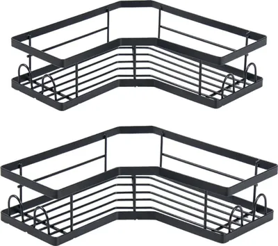 Produktbild von 2er Set Duschregal Badezimmer Eckregal ohne Bohren Edelstahl mit 1 Zahnpastahalter 8 Haken und 6 Klebestreifen Duschaufbewahrung Schwarz