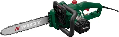 A green and black electric chainsaw is shown against a white background.
