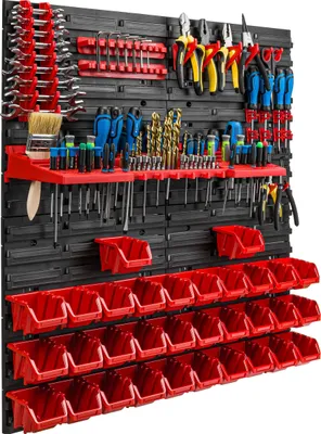 Zdjęcie produktu dla System magazynowy Regał warsztatowy | 78 x 78 cm | 32 szt. Pudełko | Regał ścienny z uchwytami na narzędzia i pojemnikami do układania w stosy - Płyty ścienne Bardzo wytrzymały regał z pojemnikami Regał warsztatowy Regał garażowy