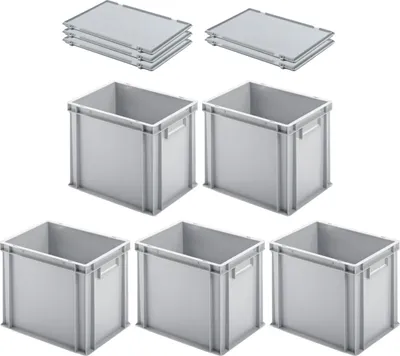 Produktbild von SuperSparSet 5x Eurobehälter mit geschlossenem Griff und Scharnierdeckel | HxBxT 32x30x40cm | 29 Liter | Grau | Eurobox, Transportbox, Transportbehälter, Stapelbehälter