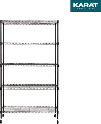 A black wire shelving unit with five shelves and wheels, presented on a white background.