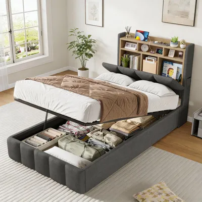 Produktbild von KIMENICH Polsterbett mit LED Beleuchtung, Bett mit Ladefunktion und Hydraulischem Stauraum, 90 x 200 cm, Grau