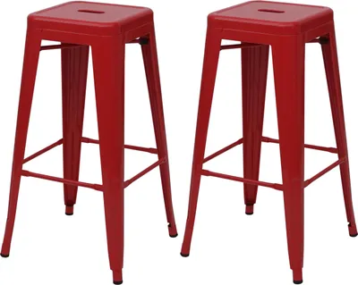 Produktbild von Mendler Barhocker, 2er-Set, HWC-A73, Industriedesign, stapelbar, rot, Metall, Höhe 77cm, Breite 43cm, Tiefe 43cm, bodenschonende Gummifüße, max. 120kg Belastbarkeit