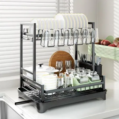 Obrázek produktu pro Dvoupatrový odkapávač do kuchyně s držákem na hrníčky, černý