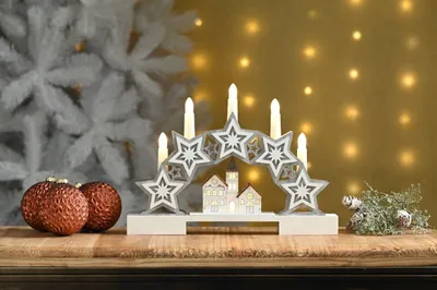 LED-Kerzenbrücke 32 cm, Holz-Dorf mit Sternen, Weihnachtsdeko